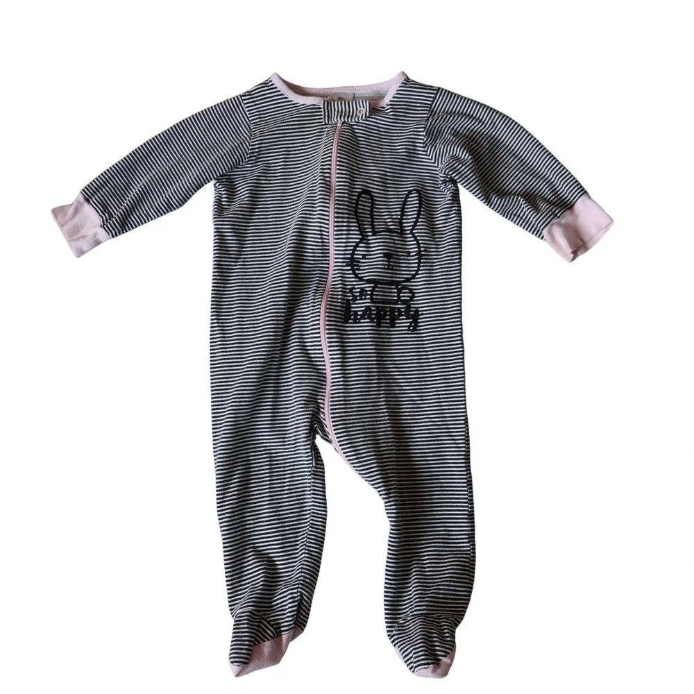 Gerber Baby Girls Striped Bunny Footed Pajamas Sleep Play Pink Black White 6-9M